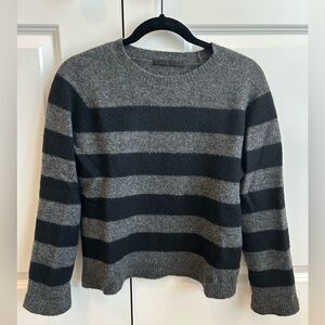 Jenni Kayne Wool Yak Blend Striped Crew Neck Sweater in Black Gray Stripe Size S